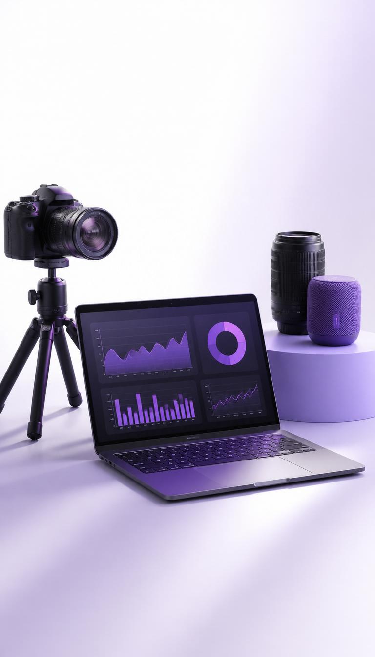 Laptop mit Miet.net-Vermieter-Dashboard, Kamera und Objektiv im violetten 3D-Stil